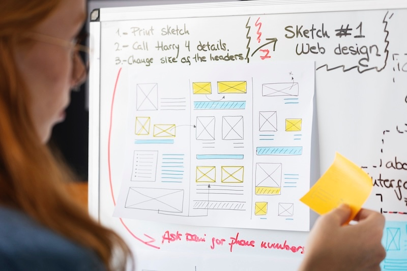 A designer sketching wireframes on a whiteboard during a planning workshop